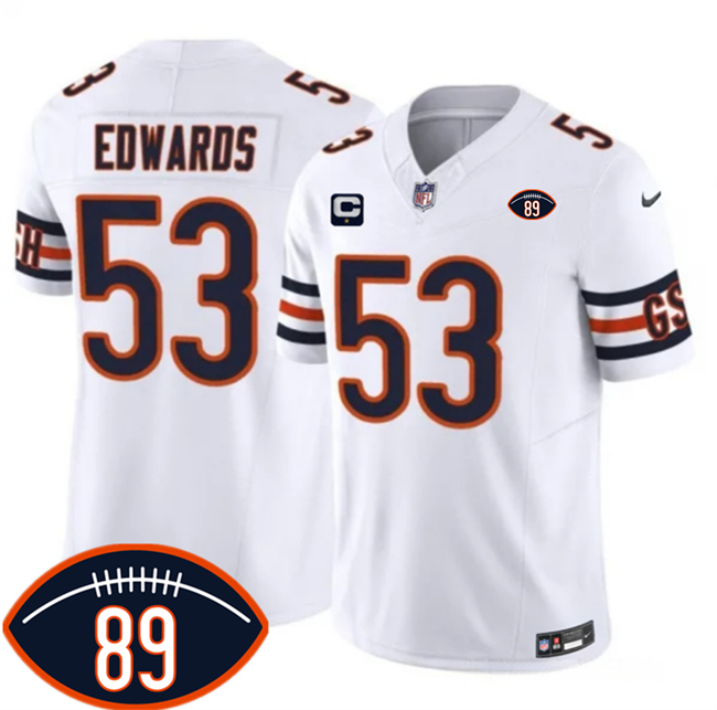 Men's White Chicago Bears #53 T.J. Edwards 2026 With Mike Ditka 89 Patch And 1-Star C Patch Vapor Untouchable Limited Stitched Football Jersey